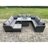 Fimous Rattan Furniture Garden Dining Set Gas Fire Pit Table With 2 Side Tables Lounge Sofa Big Footstool Dark Grey Mixed