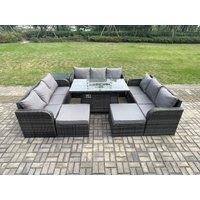 Fimous Outdoor Rattan Furniture Garden Dining Set Gas Fire Pit Table With Side Table Lounge Sofa 2 Big Footstool in Dark Grey