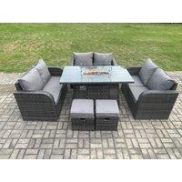 Fimous 8 Seater Outdoor Rattan Furniture Garden Dining Set Gas Fire Pit Table with 2 Small Footstools Love Sofa Dark Grey Mixed