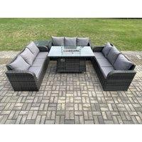 Fimous Rattan Furniture Garden Dining Set Gas Fire Pit Table With Side Table 3 Seater Sofa Dark Grey Mixed