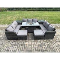 Fimous Outdoor Rattan Furniture Garden Dining Set Gas Fire Pit Table With 2 Side Tables Lounge Sofa 2 Big Footstool in Dark Grey