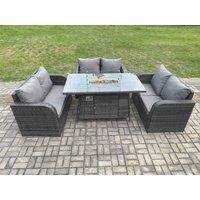 Fimous Rattan Outdoor Garden Furniture Sofa Set Gas Fire Pit Dining Table Gas Heater with Love Sofa Dark Grey Mixed