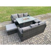 Fimous Garden Patio Furniture Wicker Rattan Gas Fire Pit Table & Sofa set with 2 Big Footstool in Dark Grey