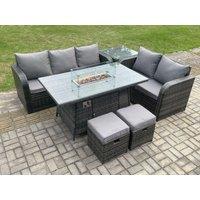 Fimous PE Wicker Outdoor Rattan Garden Furniture Set Propane Gas Fire Pit Table & Sofa set with Side Table 2 Small Footstools in Dark Grey