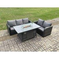 Fimous Rattan Garden Furniture Set with Gas Fire Pit Table 3 Pieces Outdoor Lounge Sofa Set Dark Grey Mixed