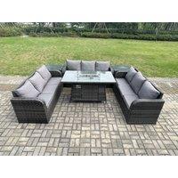 Fimous Rattan Furniture Garden Dining Set Gas Fire Pit Table With 2 Side Tables Lounge Sofa Dark Grey Mixed