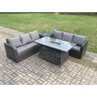 Fimous Rattan Garden Furniture Set with Fire Pit Table 4 Pieces Outdoor Patio Lounge Sofa Set Dark Grey Mixed