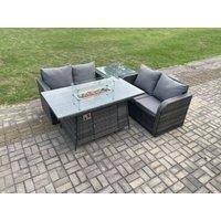 Fimous Rattan Garden Furniture Set with Gas Fire Pit Table 4 Pieces Outdoor Loveseat Sofa Set Dark Grey Mixed