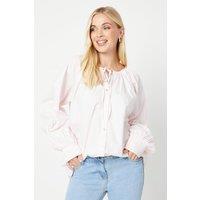 Petite Shirred Cuff Tie Neck Blouse