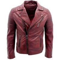Infinity Leather Men's Slim Fit Brando Style Cross Zip Leather Biker Jacket in Burgundy | Size: Large