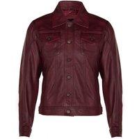 Infinity Leather Men's Trucker Slim Fit Leather Shirt Jeans Jacket in Burgundy | Size: 5XL