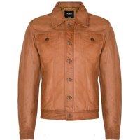 Infinity Leather Men's Trucker Slim Fit Leather Shirt Jeans Jacket in Tan | Size: XS