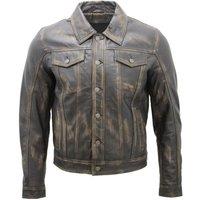 Infinity Leather Men's Trucker Slim Fit Leather Shirt Jeans Jacket in Black | Size: 5XL
