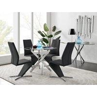 FurnitureboxUK Novara Round 100cm Chrome Metal & Glass Dining Table & 4 Willow Dining Chairs Set in Black