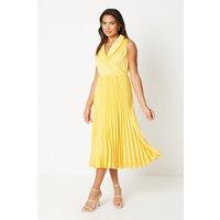 Satin Collared Midi Dress With Pleated Skirt