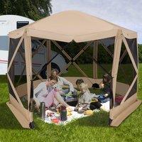 Costway 346 x 305 cm Pop-up Screen House Tent 6-Sided Camping Gazebo Instant Setup Hub Tent with Portable Carrying Bag in Beige