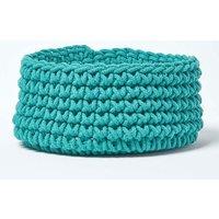 Homescapes Cotton Knitted Round Storage Basket, 37 x 21 cm in Green | Size: Small