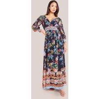 Goddiva Women's Chiffon Wrap Border Floral Print Maxi Dress in Black | Size: 14