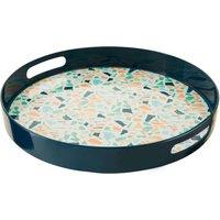 Orsina Terrazzo Round Tray, Stylish Melamine Serving Tray with Cut-Out Handles, Perfect for Indoor & Outdoor Use in Blue