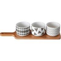 Orsina Bamboo Serving Board with Three Patterned Ceramic Dishes, Durable Appetizer Serving Tray in White