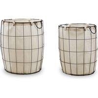 Orsina Set Of Two Matte Black Laundry Baskets, Minimal Laundry Hampers With Cotton Liners, Round Wire Frame Baskets in White