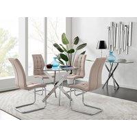 FurnitureboxUK Novara Chrome Metal 100cm Round Glass Dining Table & 4 Murano Dining Chairs in Beige