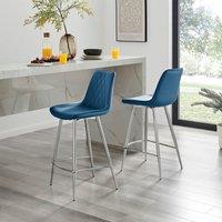 FurnitureboxUK Pesaro Set of 2 Velvet Silver Legs Bar Chair in Navy