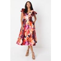 Frill Shoulder Plunge Twill Midi Wedding Guest Dress