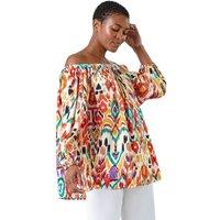 Roman Women's Aztec Print Stretch Bardot Top in Orange | Size: S/M