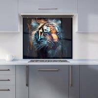 Warren Reed - Designer Tiger Face Splashart Dark Background Kitchen Splashback in Brown | Size: 700mm x 650mm