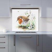 Warren Reed - Designer Robin & Daisies Watercolour Kitchen Splashback in Brown | Size: 900mm x 650mm