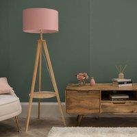 ValueLights Morrigan Natural Wood Tripod Floor Lamp with Fabric Drum Lamp Shade in Pale Pink