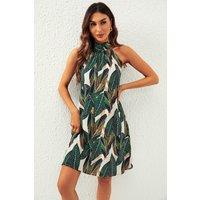 FS Collection Women's Leaf Print Halter Neck Tie Back Mini Dress In Green | Size: XL