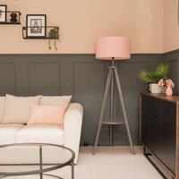 ValueLights Morrigan Grey Wood Tripod Floor Lamp with Fabric Drum Lamp Shade in Pale Pink