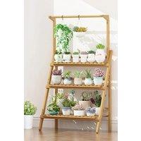H&O Direct 3-Tier Foldable Wooden Ladder Shelf with Hanging Rod in Natural