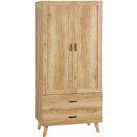 HOMCOM 2 Door Wardrobe Modern Wardrobe 2 Drawer Hanging Rail for Bedroom in Light Brown