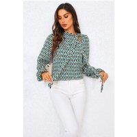 FS Collection Women's Geo Print Side Tie Blouse Top in Green | Size: XL