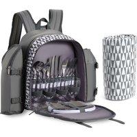 VonShef 4 Person Picnic Backpack with Full Dining Set & Blanket in Grey