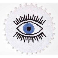 Homescapes Eye See You Natural Cotton Bath Mat with Pom Pom Edges in Blue