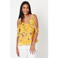 Petite Floral Chiffon Ruffle Colds Shoulder Top