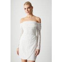 Coast Women's Bardot Long Sleeve Wrap Skirt Embellished Mini Dress in Ivory | Size: 12