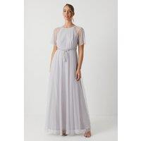 Bow Detail Angel Sleeve Mesh Bridesmaids Maxi Dress