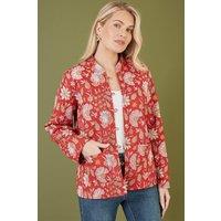 Yumi Women's Red Floral Print Reversible Cotton Quilted Jacket | Size: 8