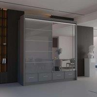Sliding Wardrobes 4U Modern High Gloss Sliding Wardrobe with LED Light 208cm x 220cm in Grey | Size: 208 cm x 220 cm