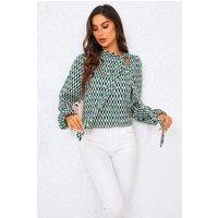 FS Collection Women's Geo Print Side Tie Blouse Top in Green | Size: Small
