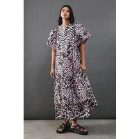 Poplin Leopard Print Volume Sleeve Scallop Detail Smock Dress