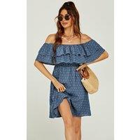 FS Collection Women's Floral Print Bardot Frill Mini Dress in Blue | Size: XS