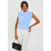 FS Collection Women's Frill Trim Sleeve High Neck Blouse Top in Light Blue | Size: XS