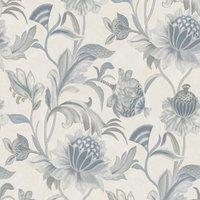 Holden Decor Cecelia Floral Jacobean Style Metallic Vinyl Textured Wallpaper in Blue