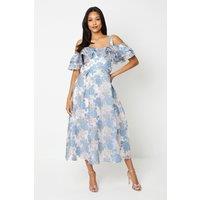 Coast Women's Frill Bardot Midi Dress In Floral Jacquard in Blush | Size: 10
